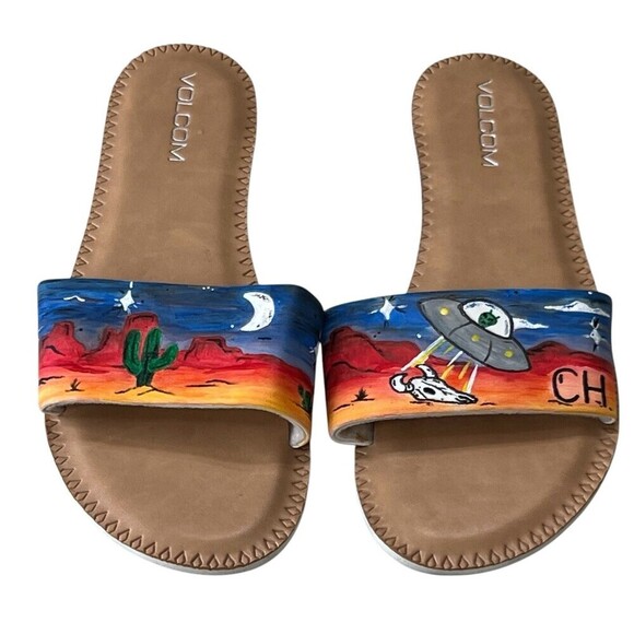Volcom Simple Slide Sandals Womens Sz 8 Slip On Artist Creation Desert Alien - Picture 1 of 7